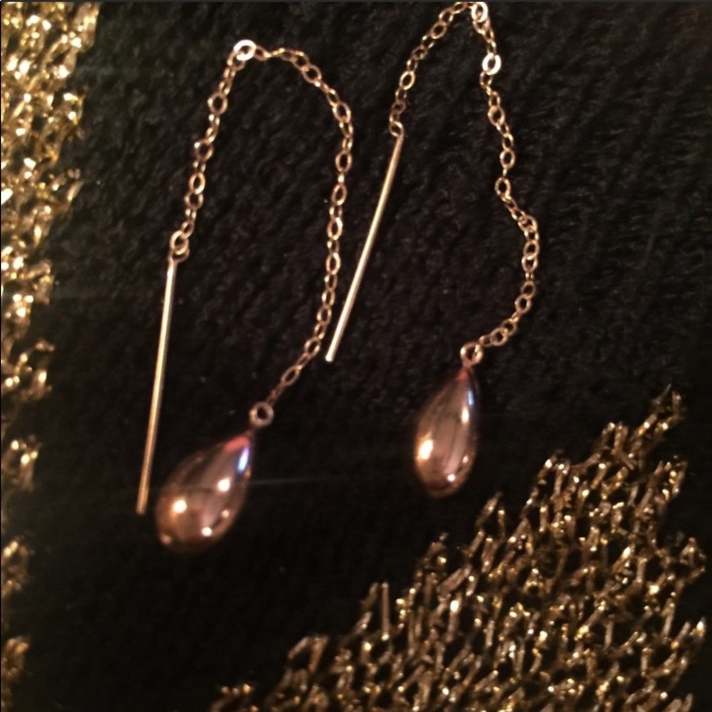 Genuine 14k Gold Tear Drop Threader earrings - Picture 2 of 2